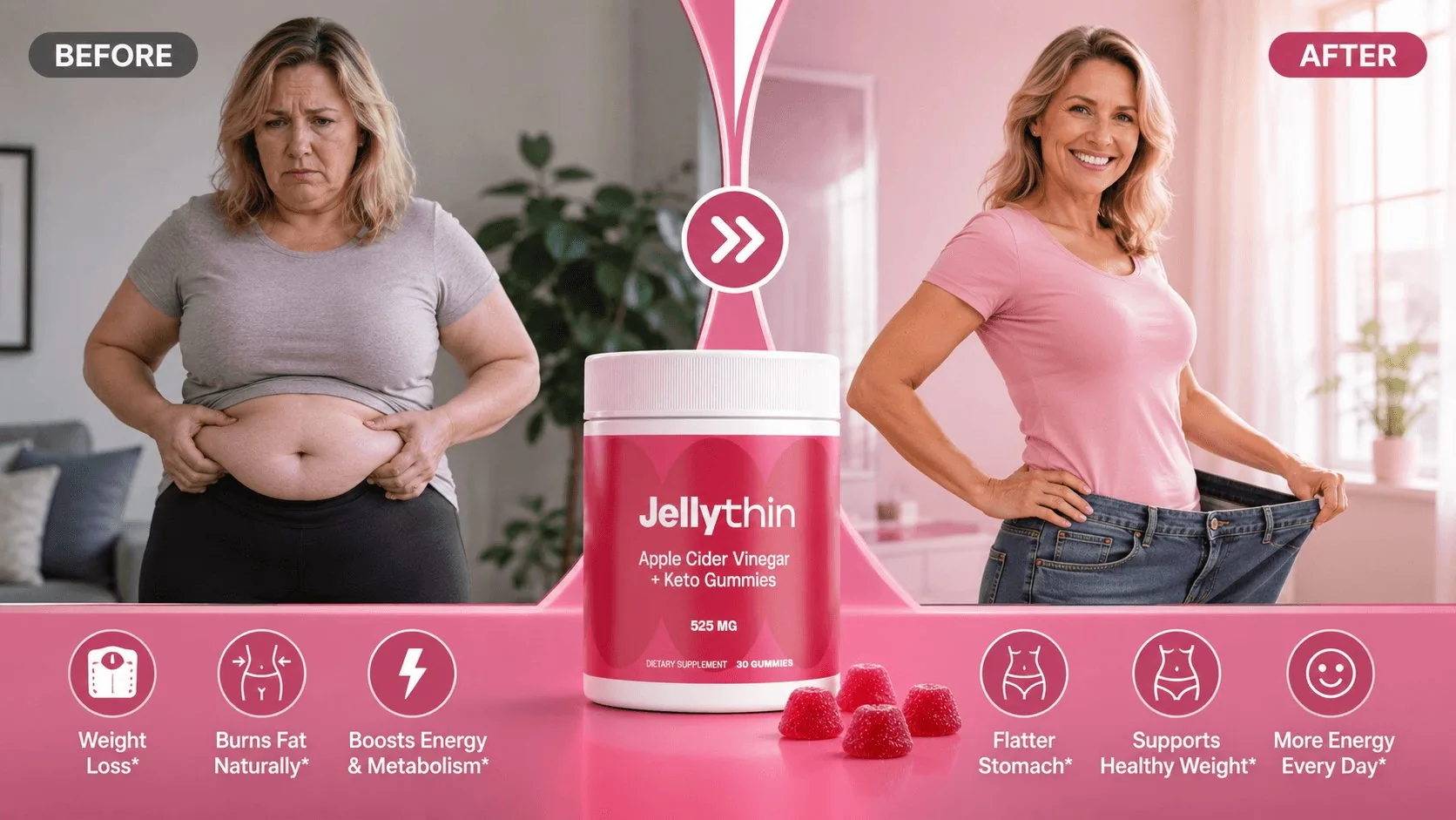 Jellythin metabolism and weight support illustration showing flatter stomach and healthy weight