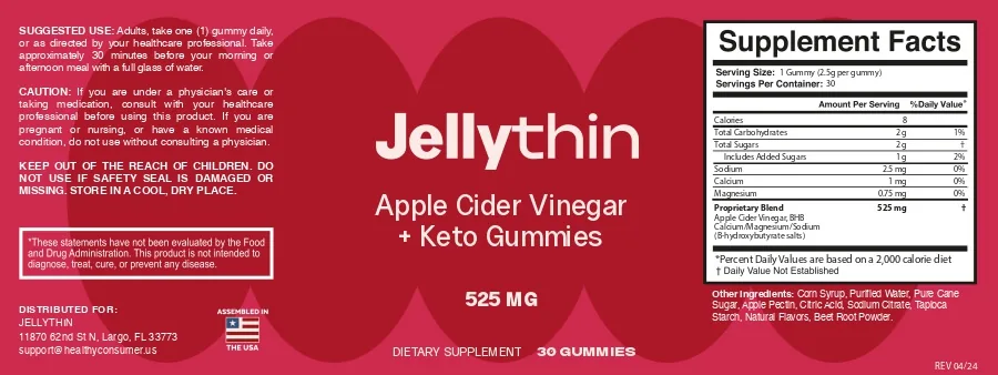 Jellythin supplement facts label ACV BHB keto gummies ingredients